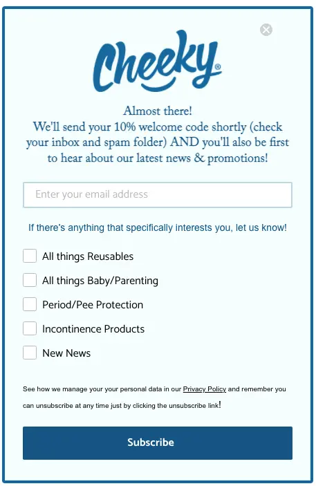 cheeky wipes blue signup form