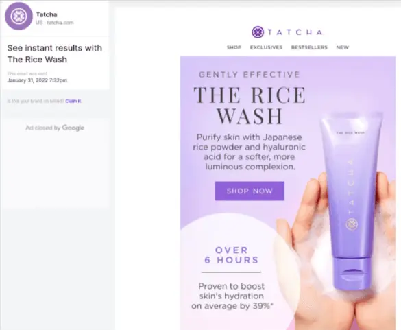 Tatcha Image shows a marketing email from Tatcha