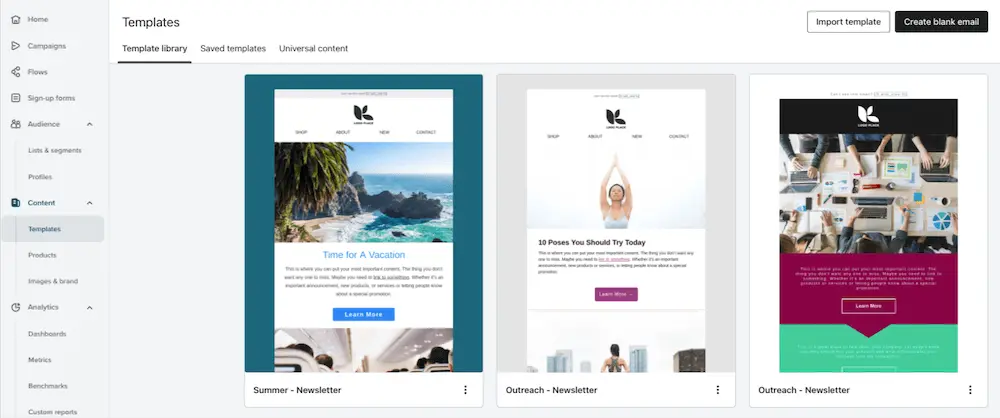 Newsletter-templates Image shows several newsletter template options in the back end of Klaviyo.