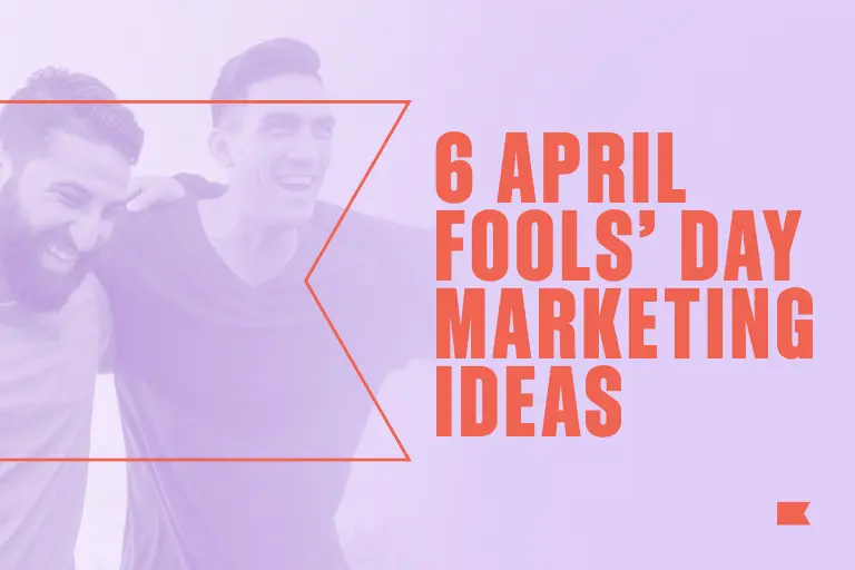 In salmon font on a lavender background, text on the right side of the image reads, "6 April Fools' Day marketing ideas." On the left side of the image is a photo of two men laughing, watermarked in lavender behind an outline of the Klaviyo flag in salmon.