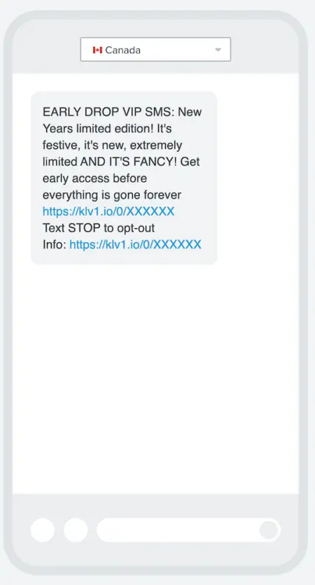 Image shows a VIP text from skincare brand Rebels Refinery, which reads, “EARLY DROP VIP SMS: New Years limited edition! It’s festive, it’s new, extremely limited AND IT’S FANCY! Get early access before everything is gone forever.” The text ends with a link to shop the drop.