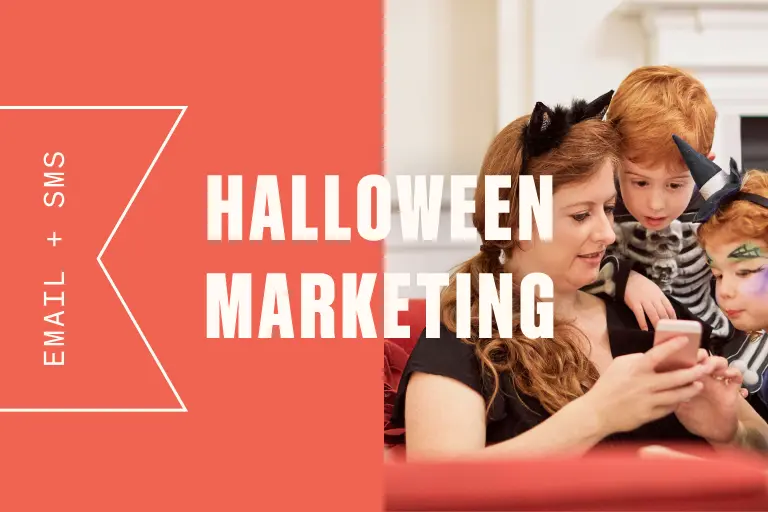 Image shows a woman in costume with children, with letters in large white text reading "Halloween Marketing"