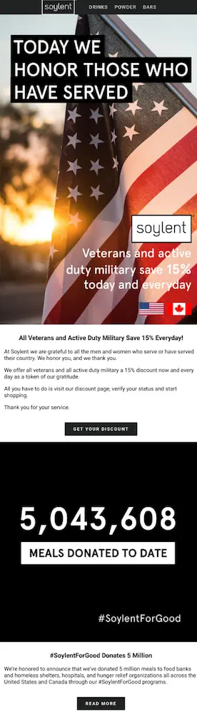 Image shows a Veterans Day marketing email from meal replacement brand Soylent, which reads, “today we honor those who have served” over a photo of an American flag in a yard at sunset. The email reminds readers of the brand’s permanent discount for vets and military personnel, then shows a counter that the brand has donated over 5 million meals to date.