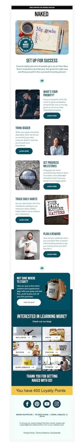 Image shows a New Year’s marketing campaign from workout supplement brand Naked Nutrition, titled, “Set up for success.” The email lists steps like setting priorities, thinking bigger, and tracking daily habits, each with a corresponding photo and “learn more” CTA. At the end of the list is a section that says, “not sure where to start?” and encourages subscribers to take the brand’s quiz to find out which proteins and supplements align with their goals and diet.