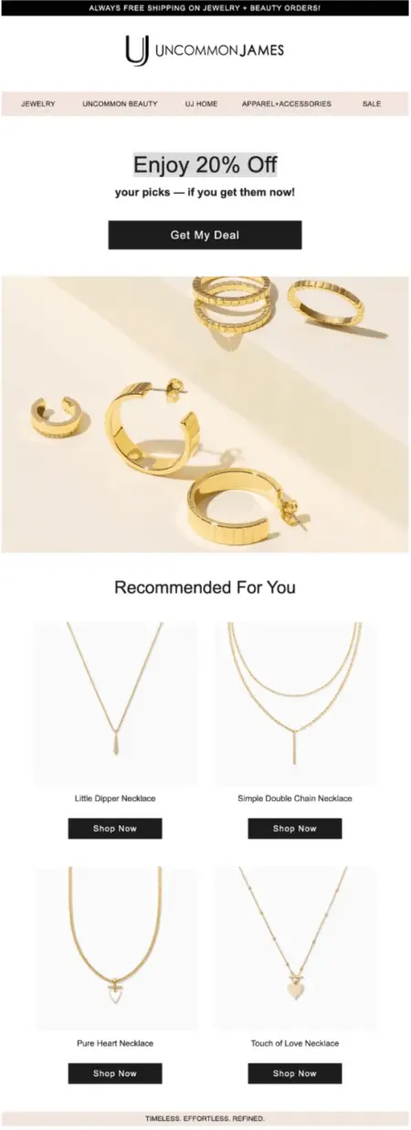 Images showing a 20% offer on numerous jewelry items.