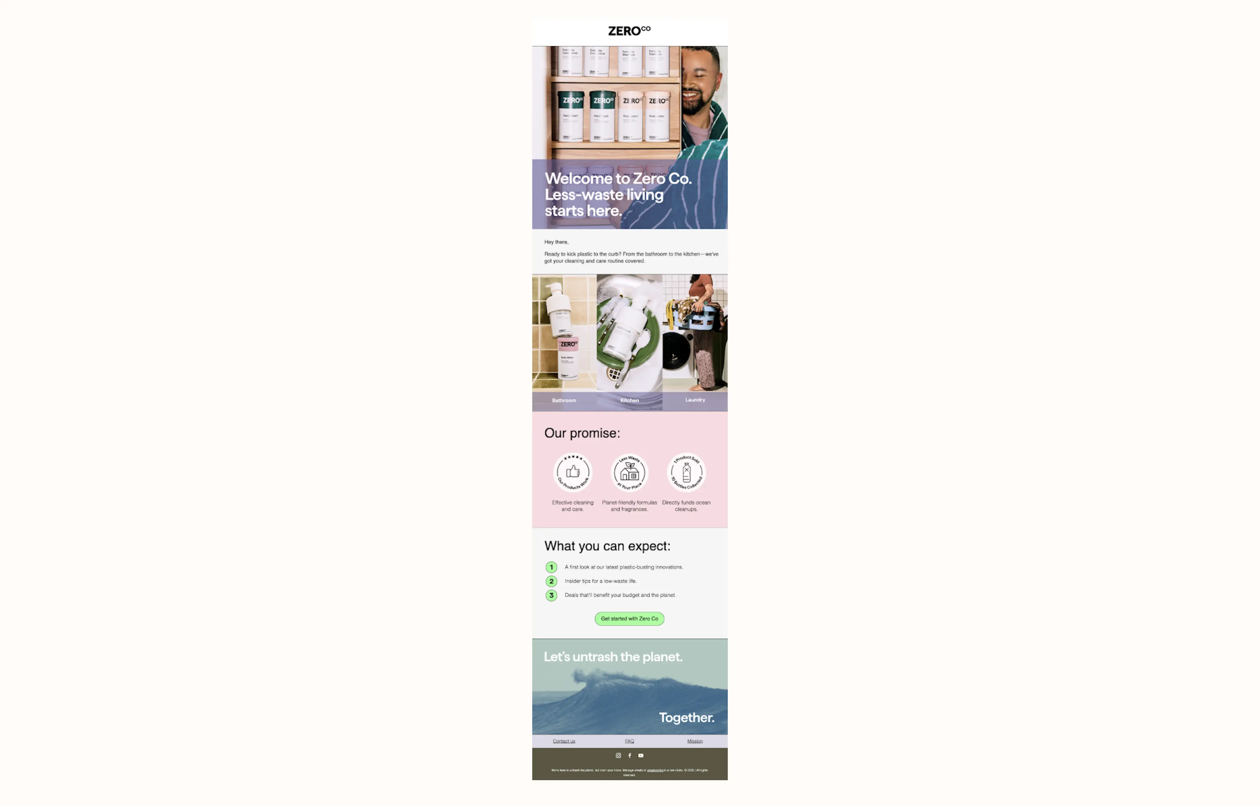 Image shows a welcome email from refillable essentials brand Zero Co which reiterates the brand mission and gives an overview of what types of emails subscribers can expect.
